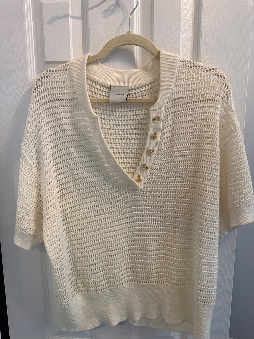 Varley Ivory Open-Knit V-Neck Sweater with Button Detail